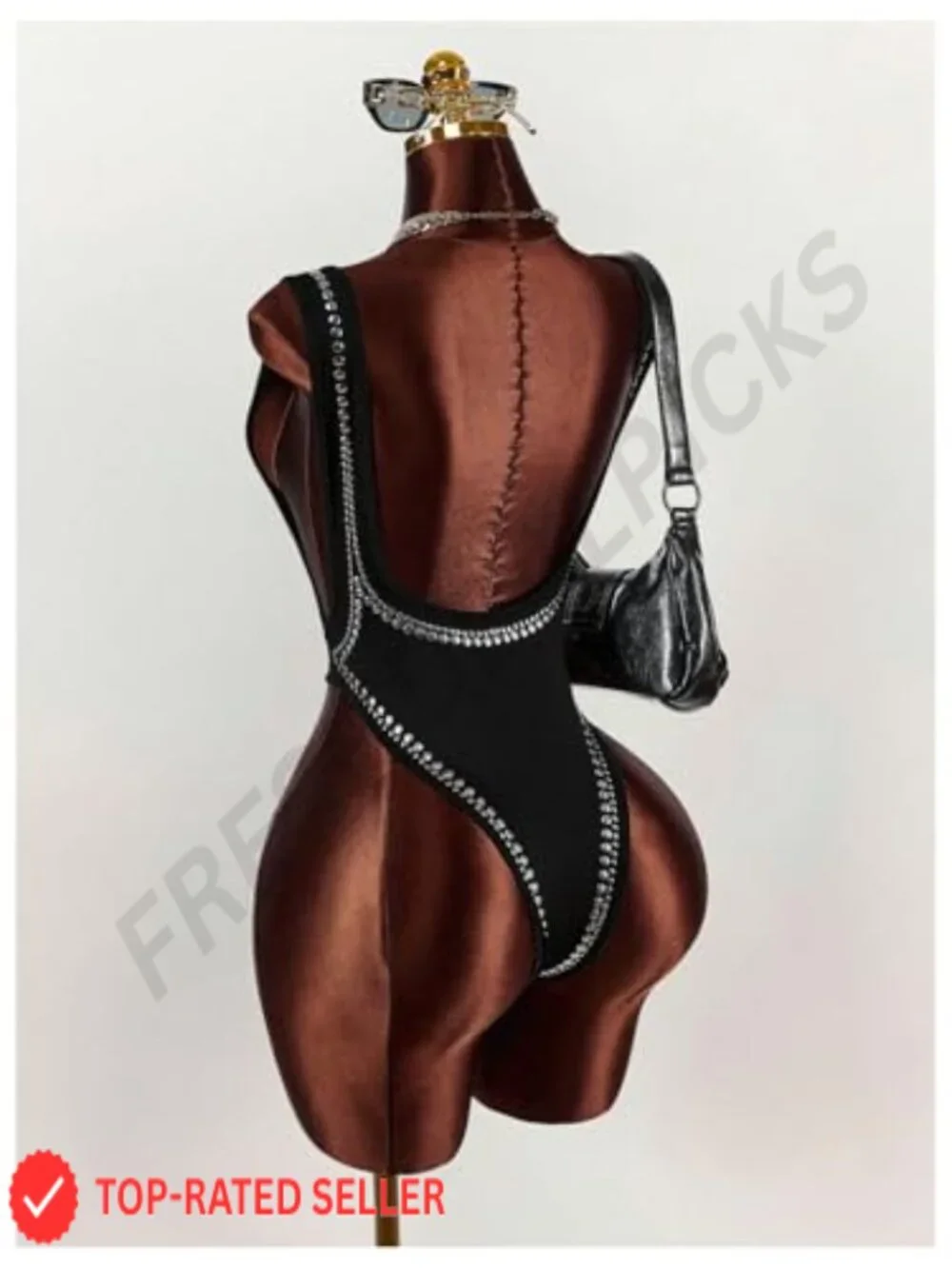 Studded Scoop Neck Sleeveless Backless Thong Bodysuit for Women